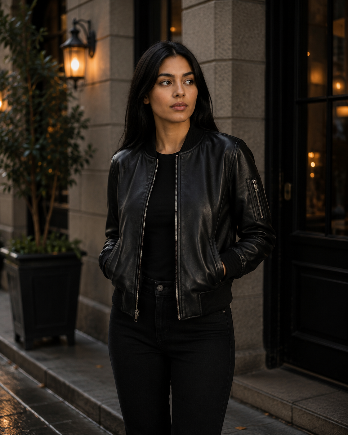 Women's Black Genuine Leather Bomber Jacket