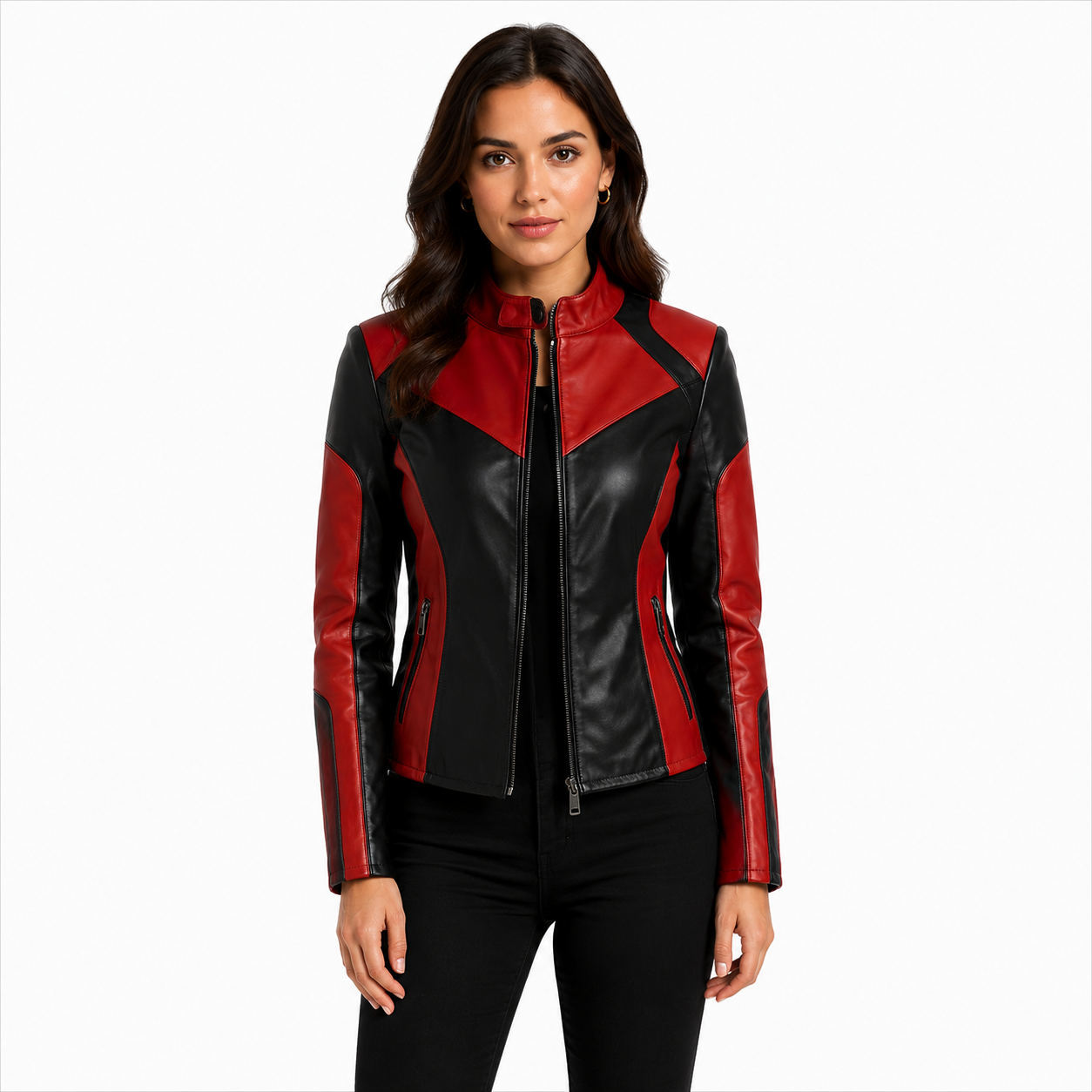 Women's Red and Black Two-Tone Cafe Racer Leather Jacket