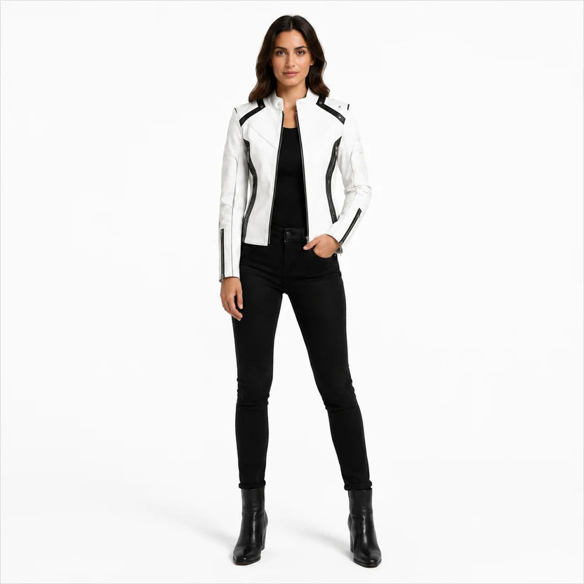 Women's White Black Panel Leather Jacket