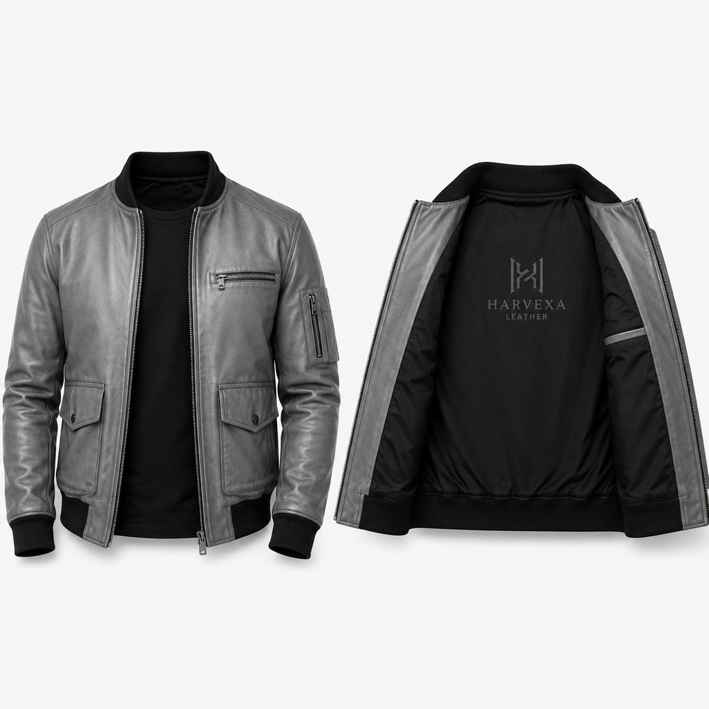 Men's distressed grey leather bomber jacket