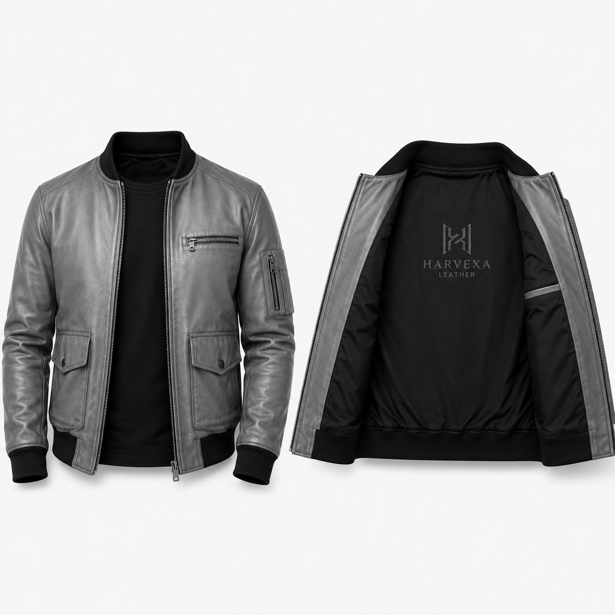 Men's distressed grey leather bomber jacket