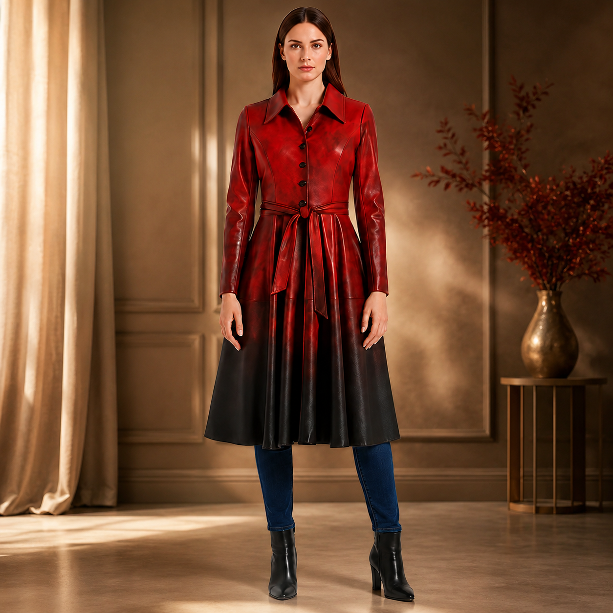 Women's Red Black Ombre Genuine Leather Belted Trench Coat 