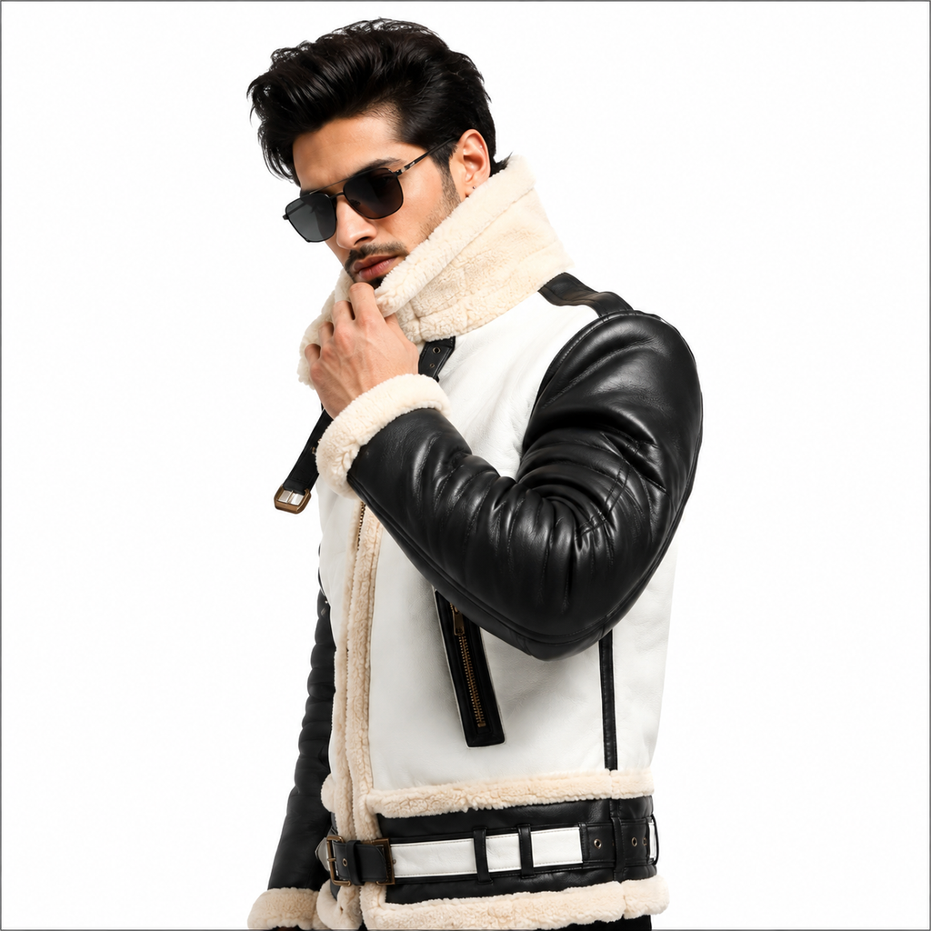 Men's Black and White Shearling Bomber Jacket Winter Streetwear Outfit