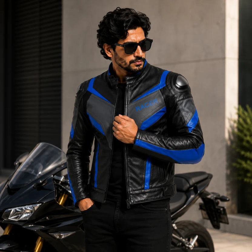 Men's Black and Blue Racer Leather Jacket