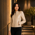 Women's Pastel Beige Cafe Racer Leather Biker Jacket