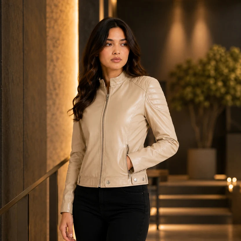 Women's Beige Real Leather Jacket