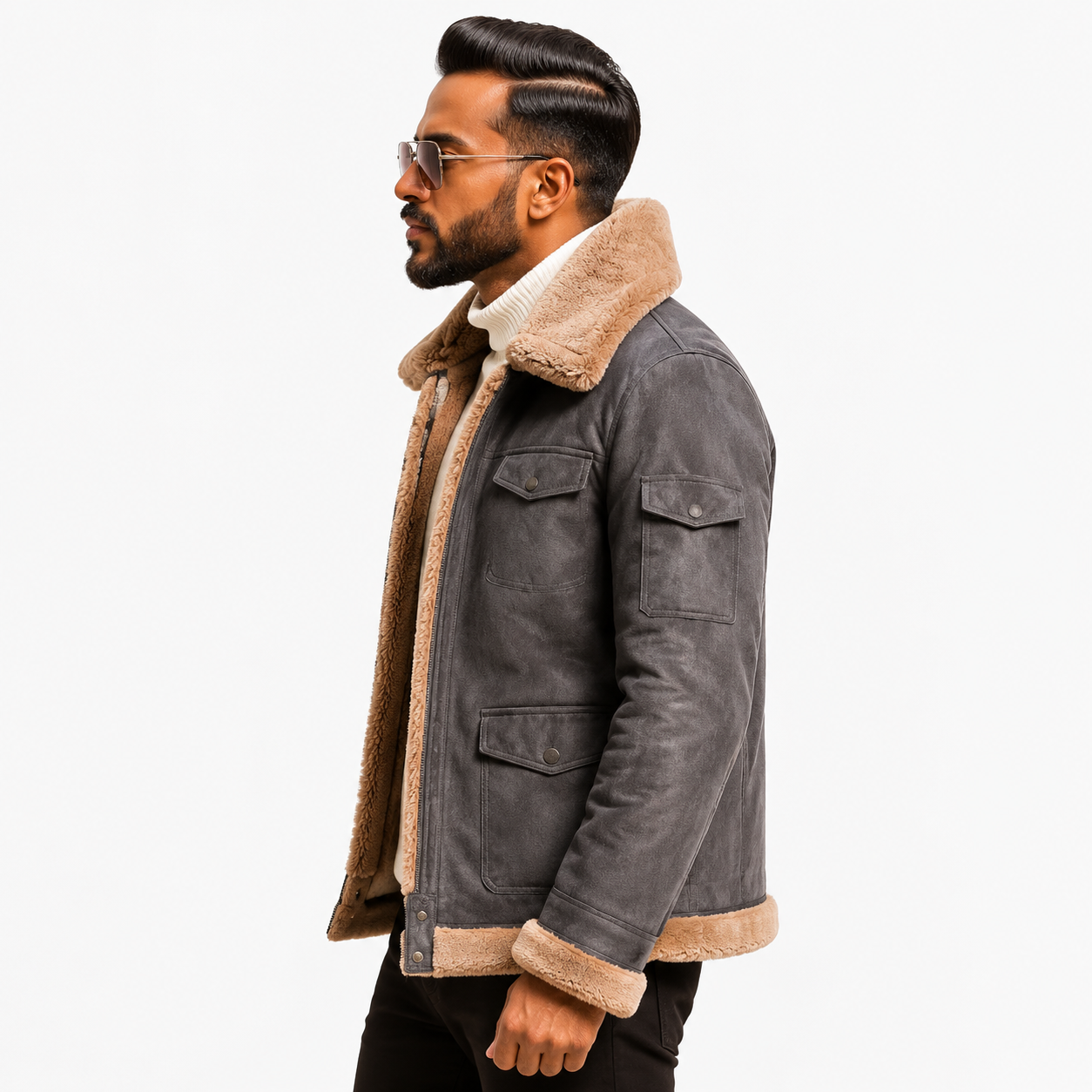 Men's Distressed Grey Suede Aviator Jacket