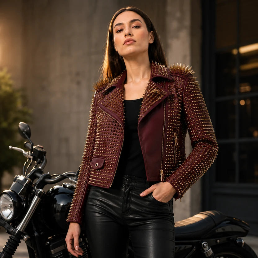Women's Burgundy Studded Biker Leather Jacket