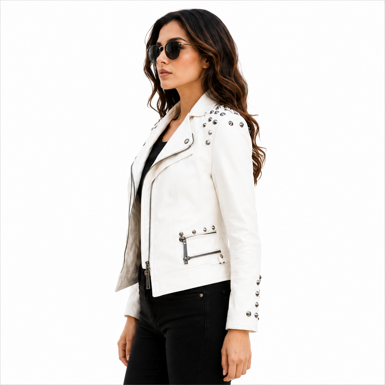 Women's Studded White Leather Biker Jacket