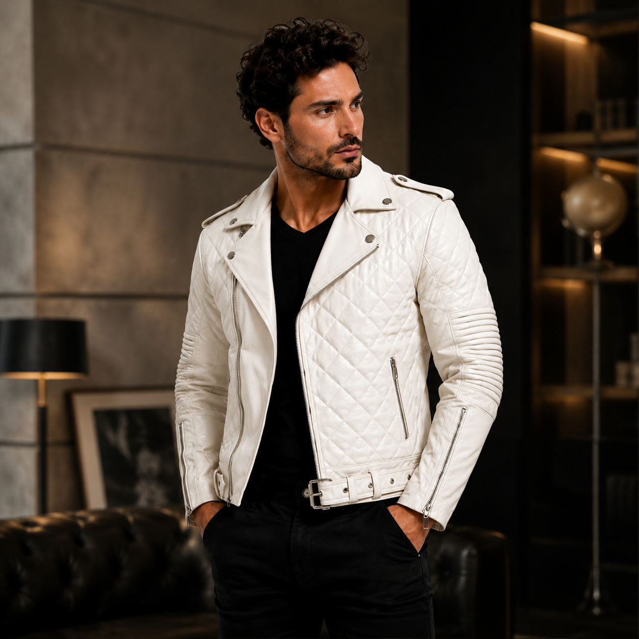 Men's Quilted White Biker Leather Jacket