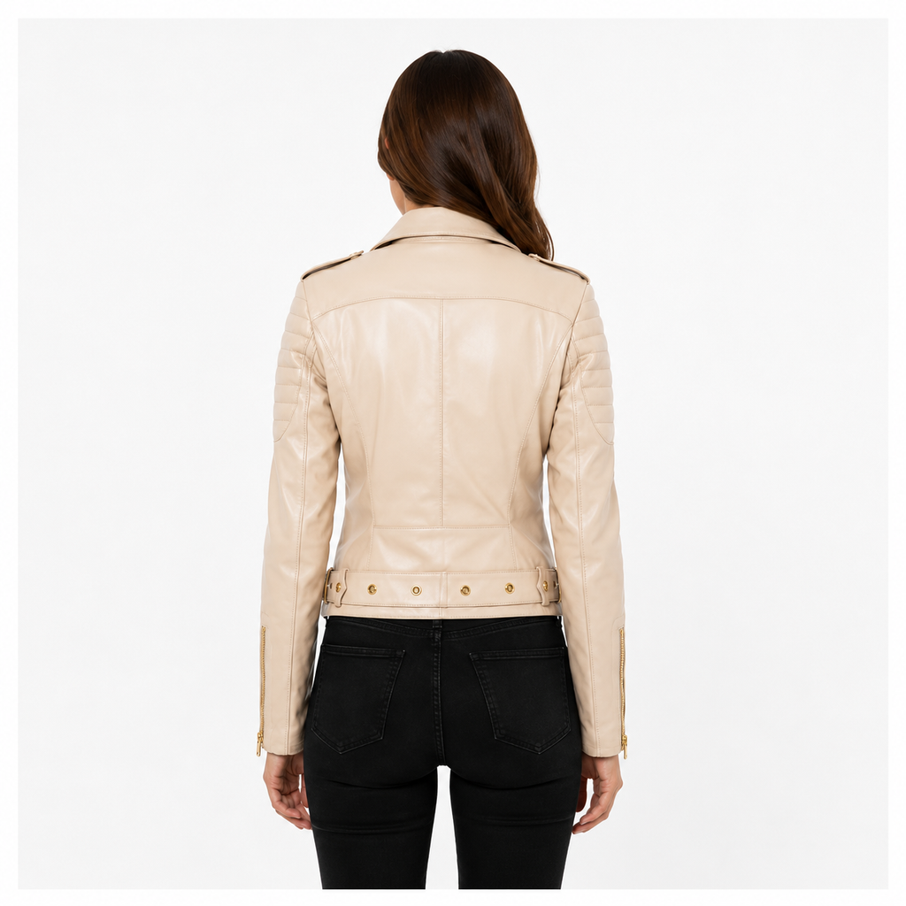 Women's Cropped Beige Leather Biker Jacket