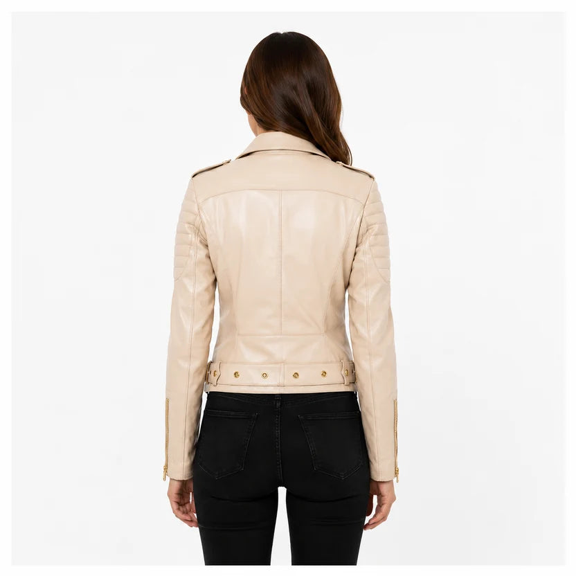 women's beige biker leather jacket