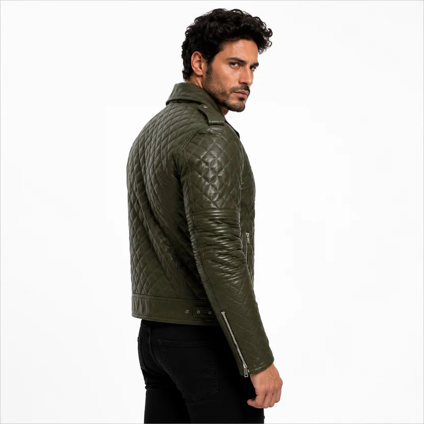 Men's White Leather Quilted Biker Jacket