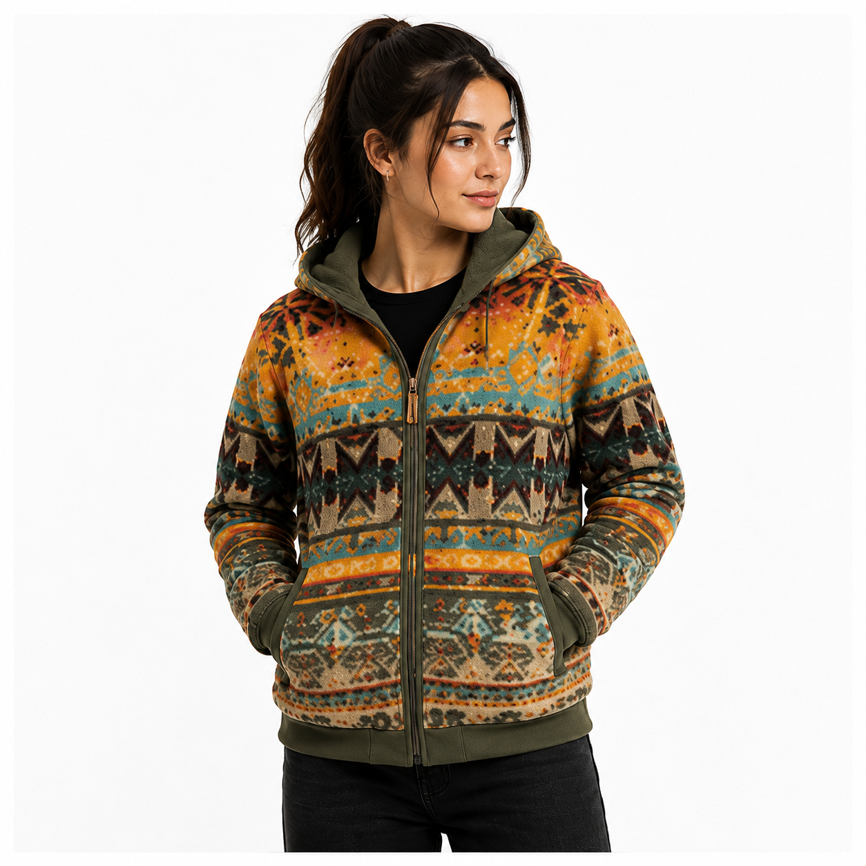 Women's Olive Aztec Sherpa Jacket Festival Winter Outfit