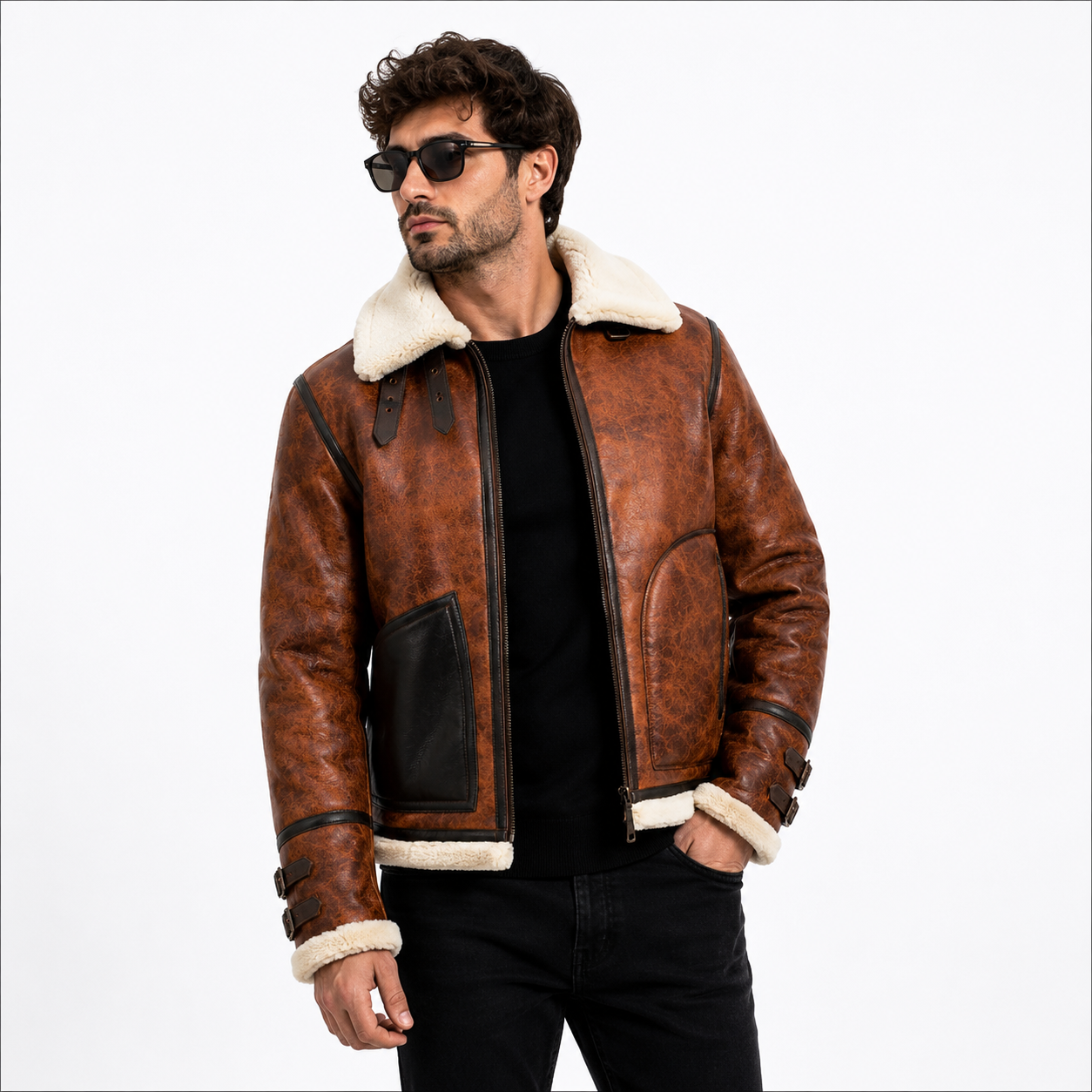 Men's Brown Faux Shearling Aviator Flight Jacket