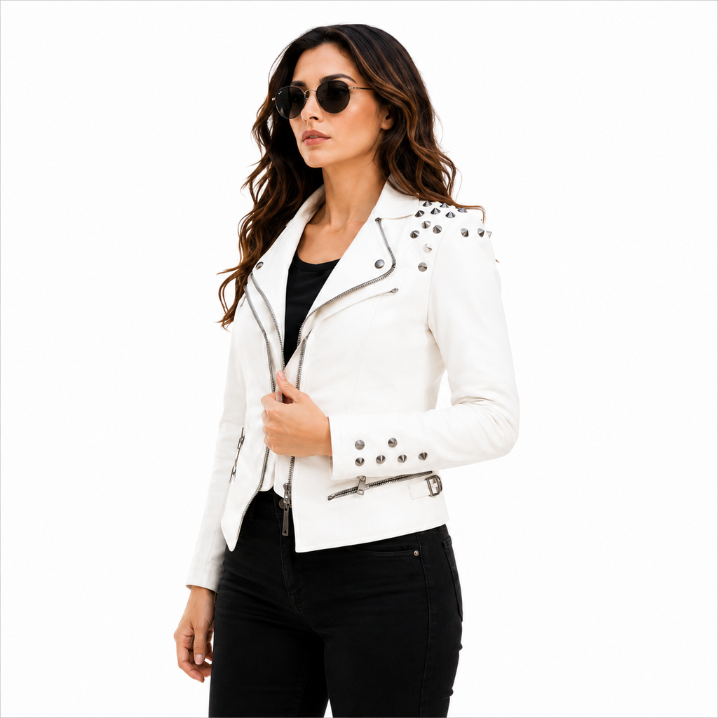 Women's Studded White Leather Biker Jacket