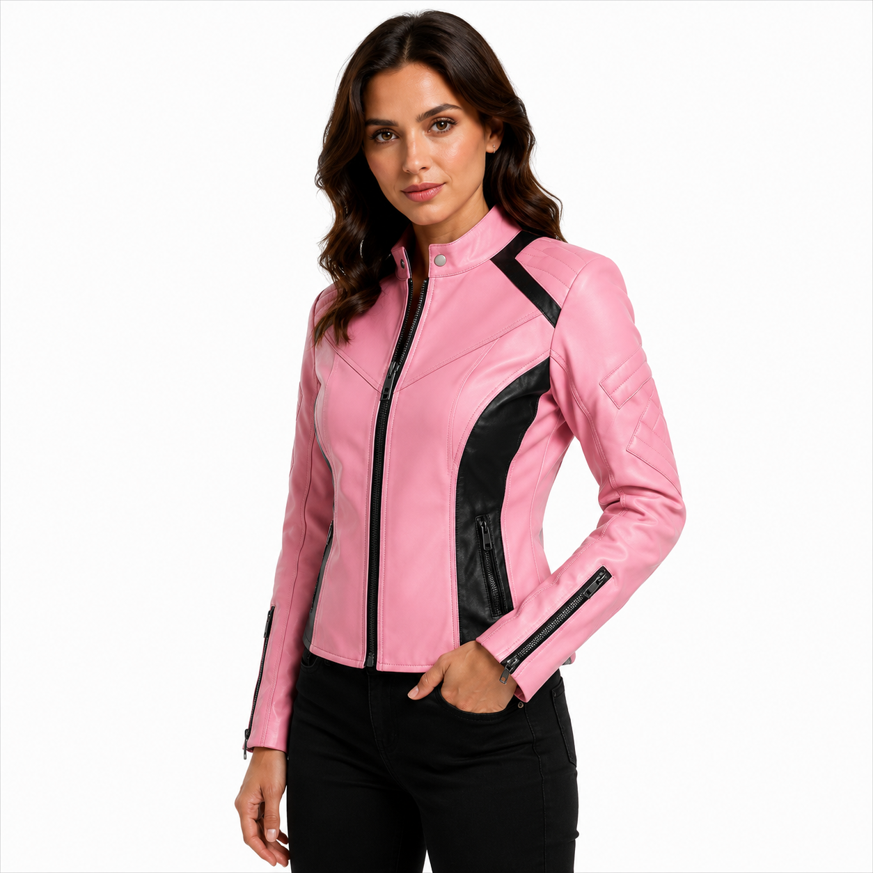 Women's Pink Cafe Racer Leather Jacket