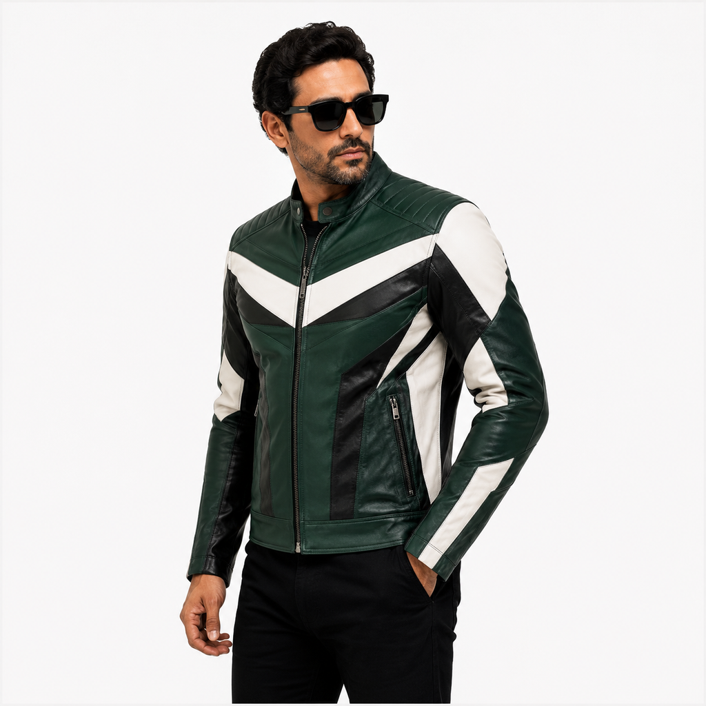 Men's Green, Black & White Racer Leather Jacket