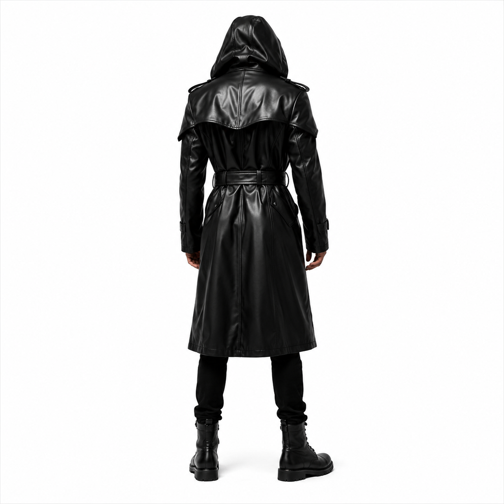 Long Black Leather Military Trench Coat with Belt