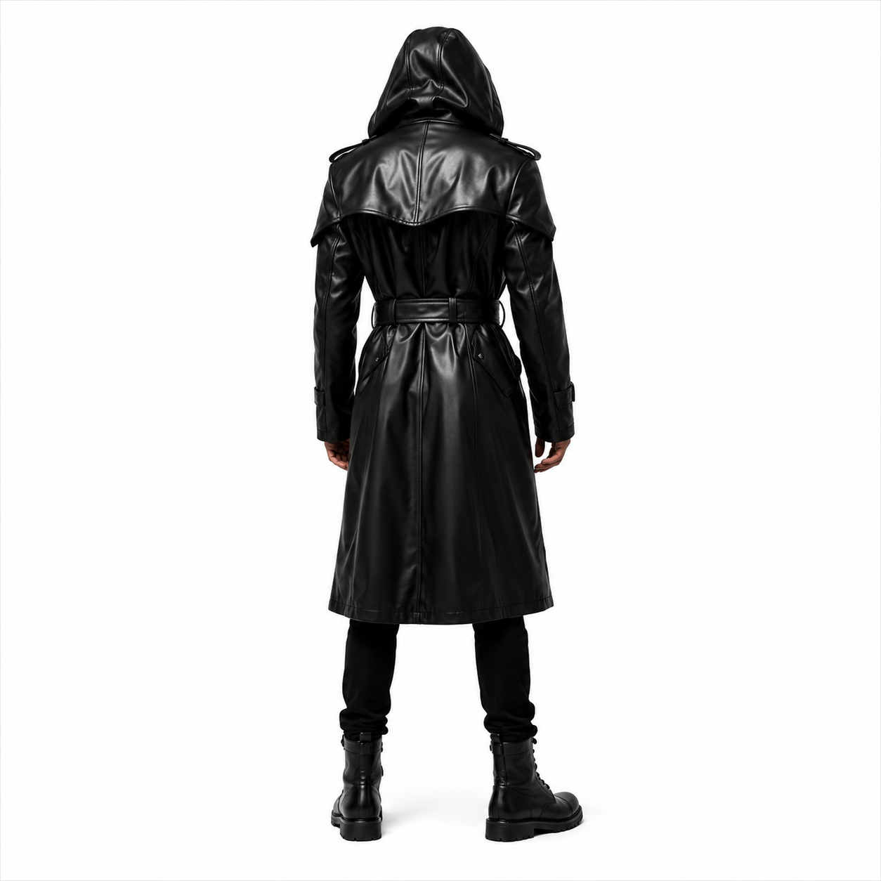 Long Black Leather Military Trench Coat with Belt