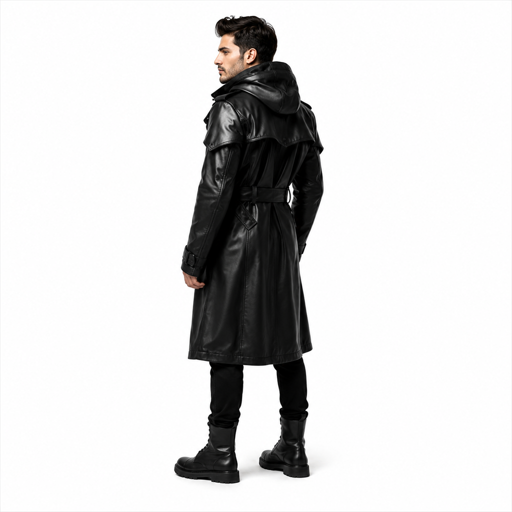 Long Black Leather Military Trench Coat 