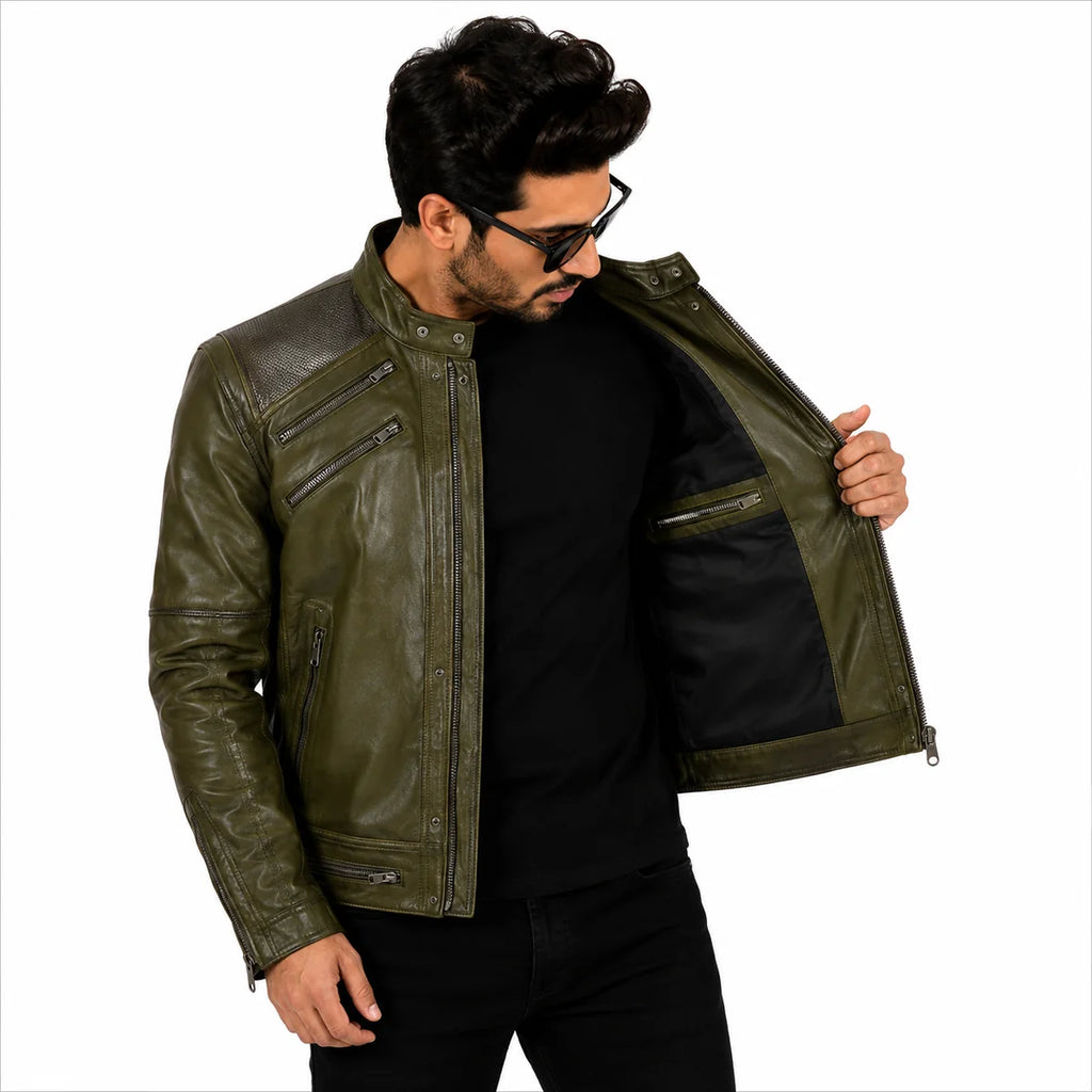 Olive Green MJ Style Leather Biker Jacket with Multiple Zippers