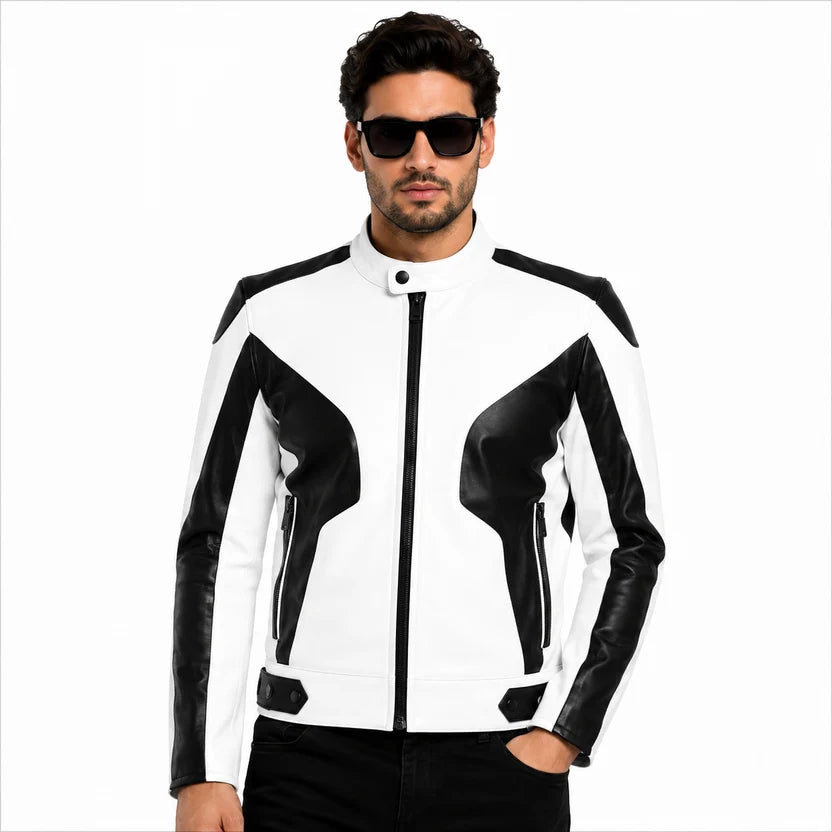 Men's White Black Armor Racer Leather Jacket Sport Motorcycle Streetwear