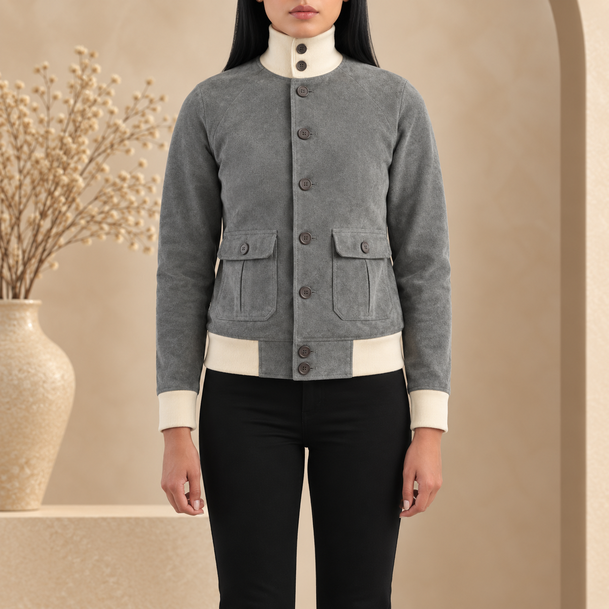 Sasha A1 Grey Suede Bomber Jacket