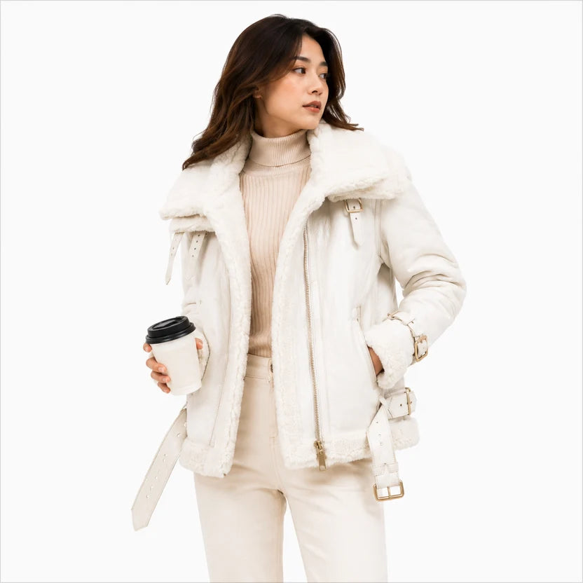 Women's off-white leather shearling jacket