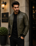 Men's olive green leather bomber jacket