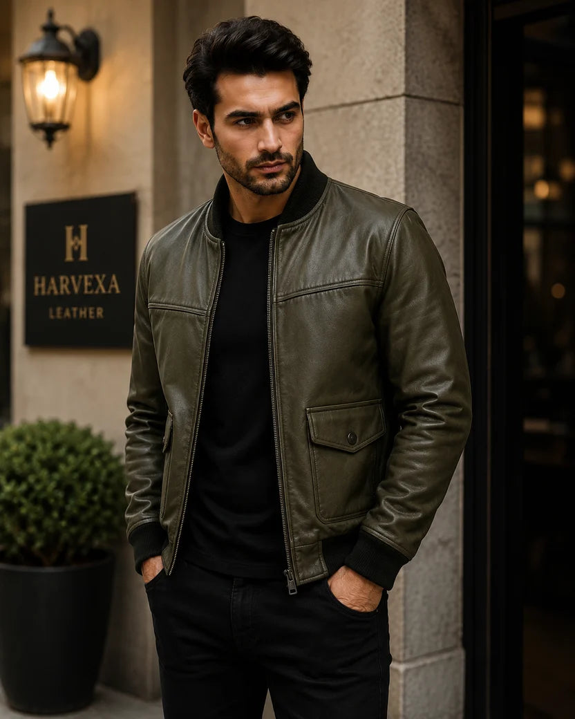 Men's Olive Green Genuine Leather Bomber Jacket