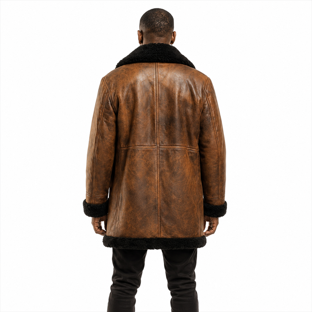 Long Brown Shearling Coat for Men Back View