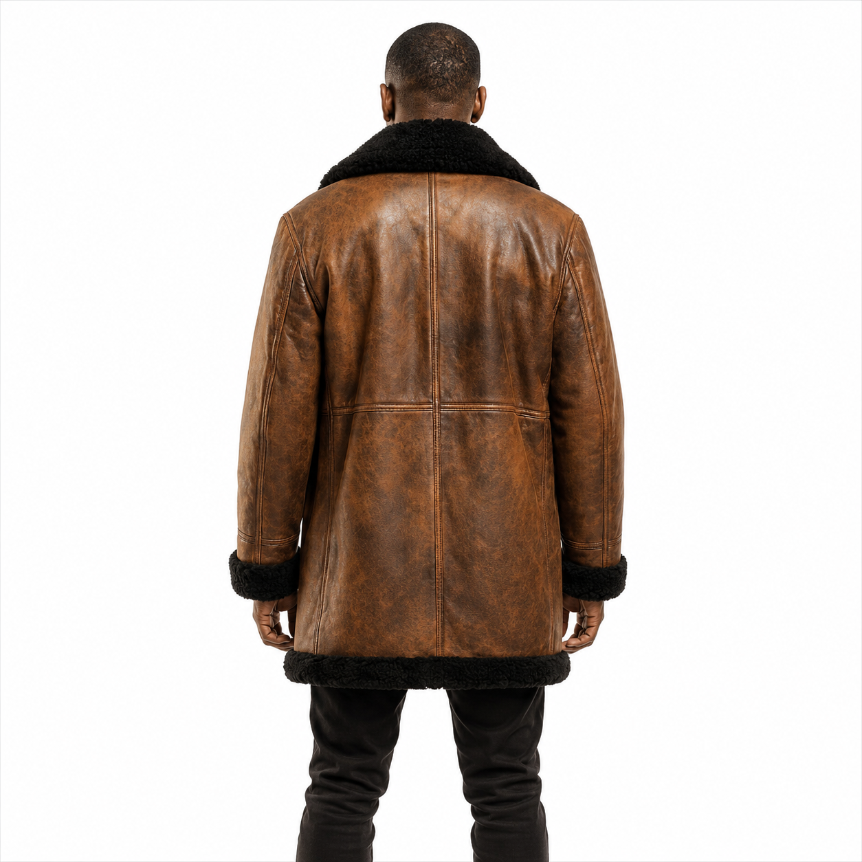 Long Brown Shearling Coat for Men Back View
