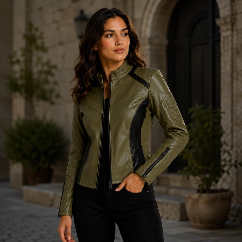 Women's Olive Green Black Panel Leather Biker Jacket