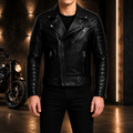 Men's Black Asymmetric Zip Biker Leather Jacket Front View