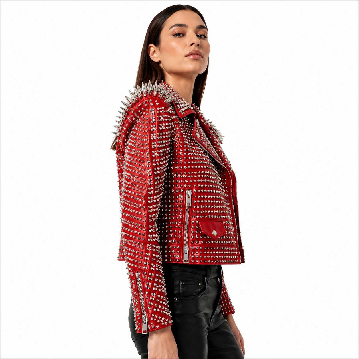 Red Spiked Punk Rock Leather Jacket