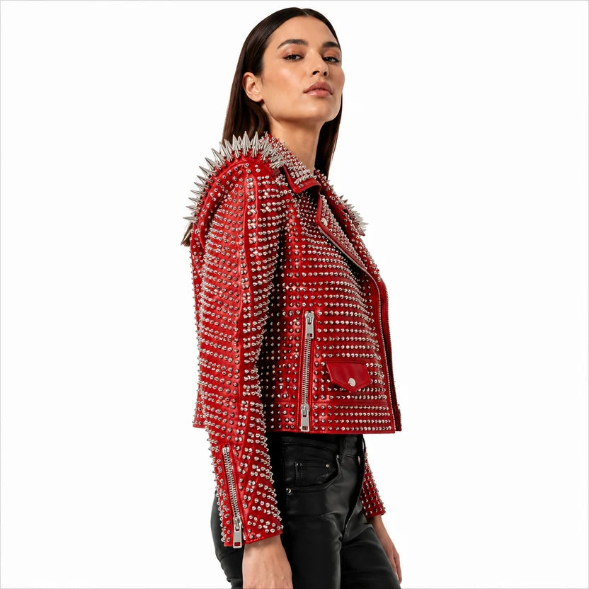 women's red studded leather moto jacket