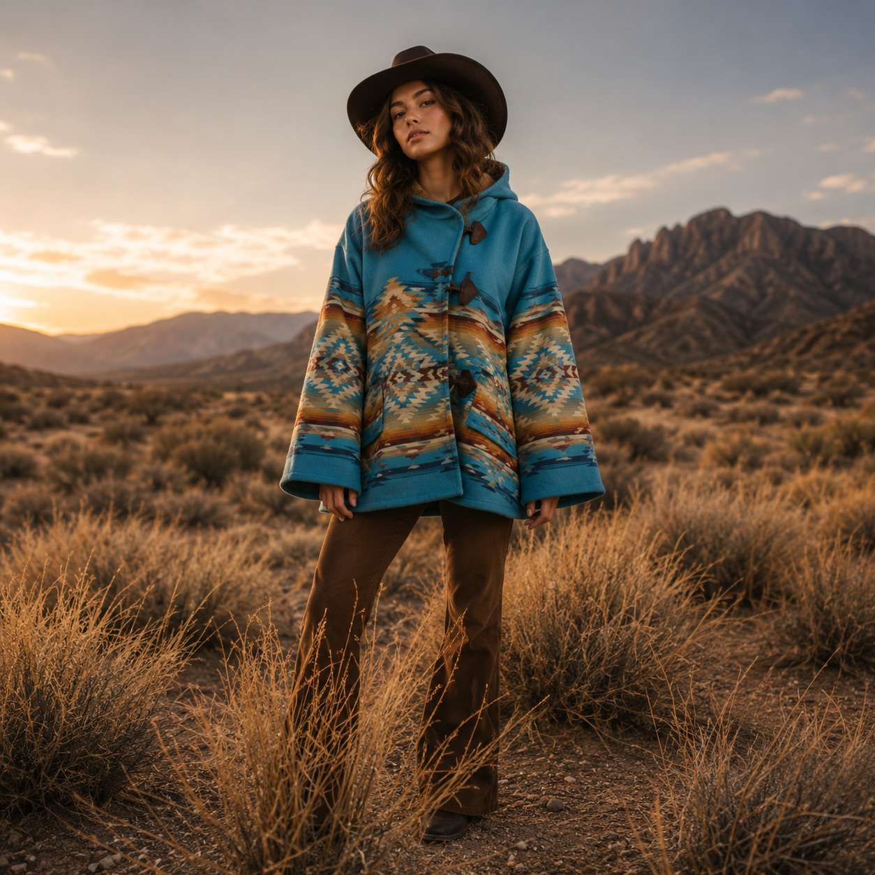 Women's Aztec Print Hooded Toggle Wool Jacket