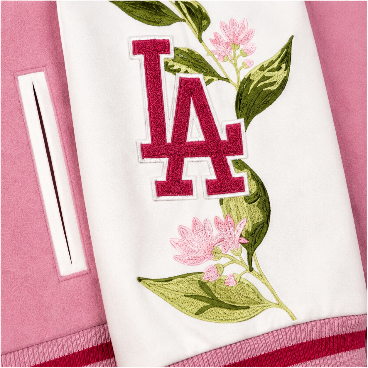 Women's Pink LA Bomber Jacket with White Leather Sleeves and Embroidery