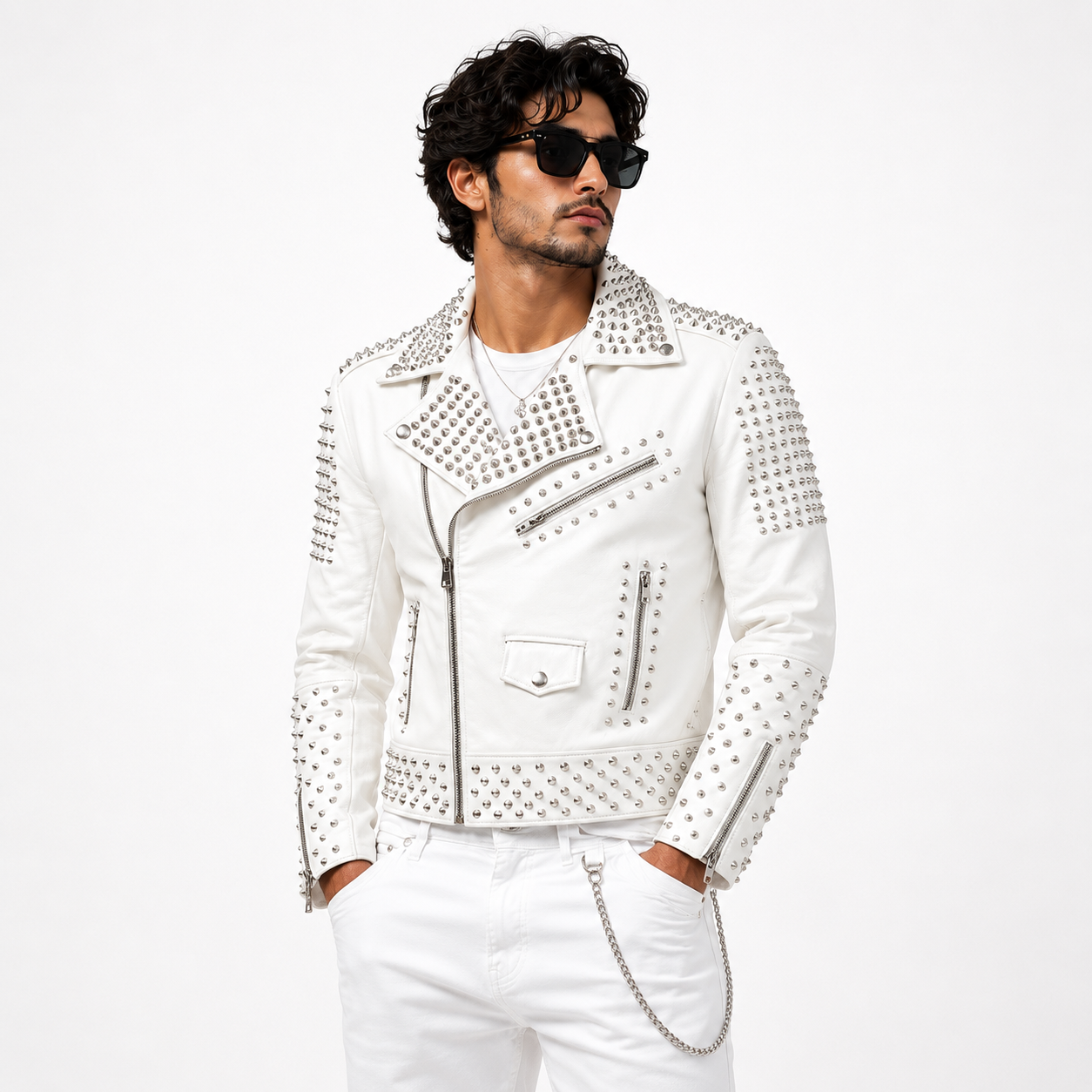 Men's Brando Spike Studded WhiteLeather Biker Jacket