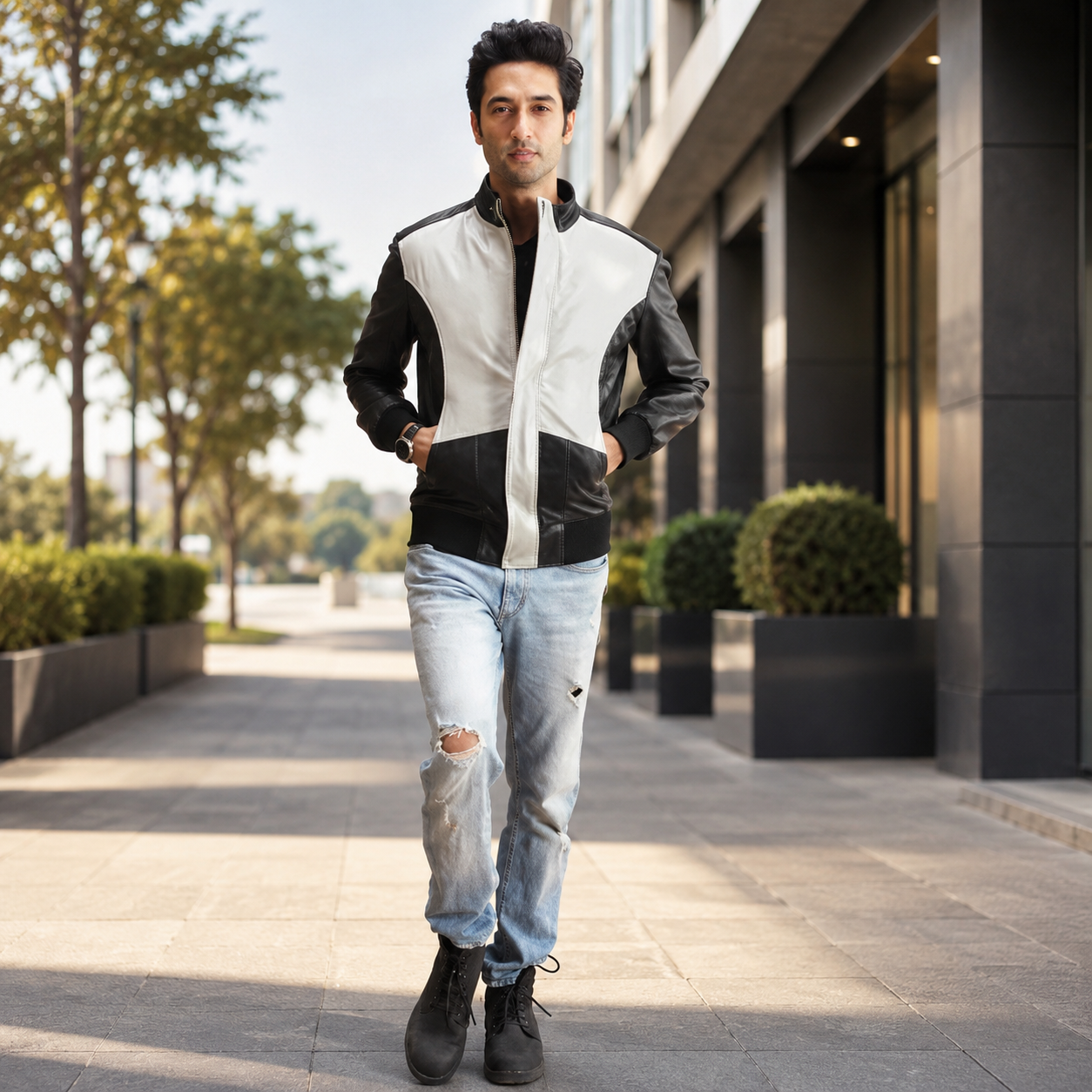 Spade Silver Black Leather Bomber Jacket