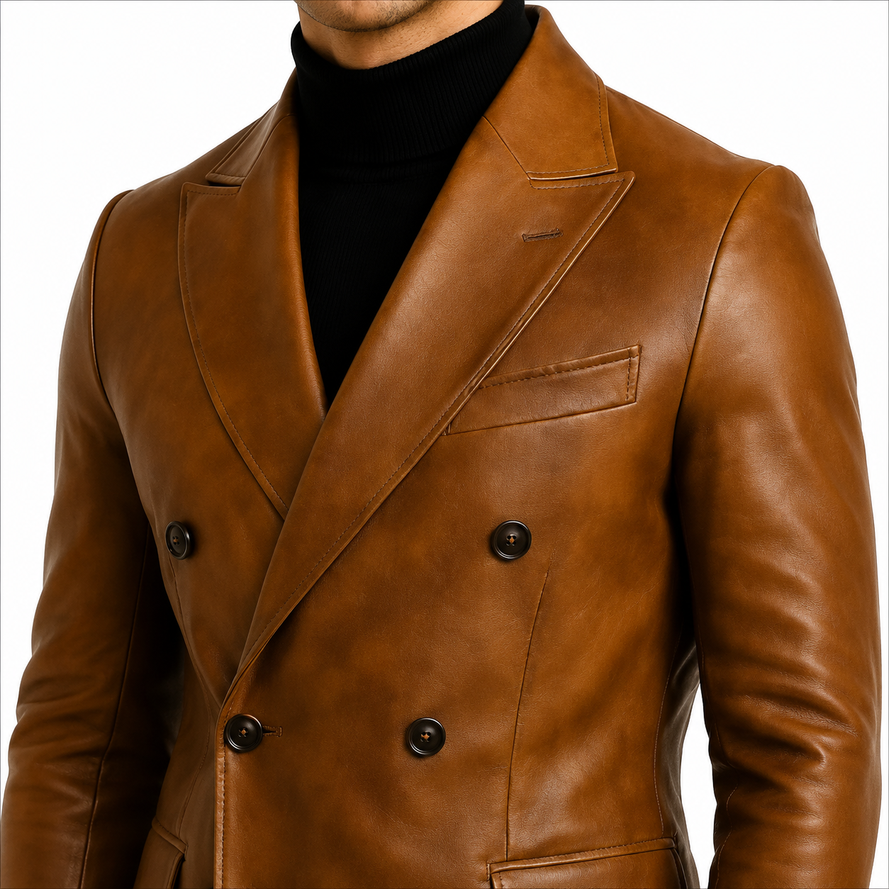 Genuine Leather Blazer Detail Cognac Brown Peak Lapel