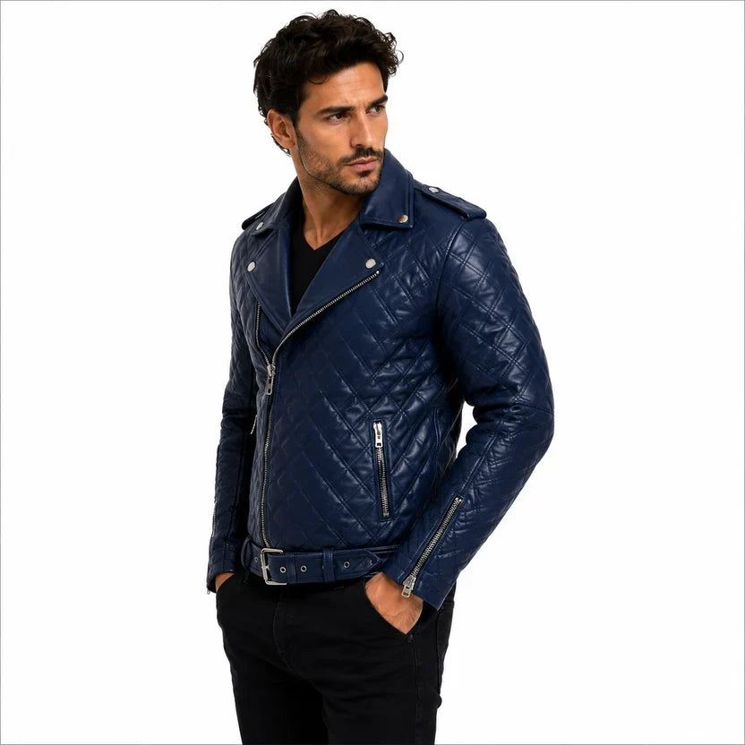 Men's White Leather Quilted Biker Jacket