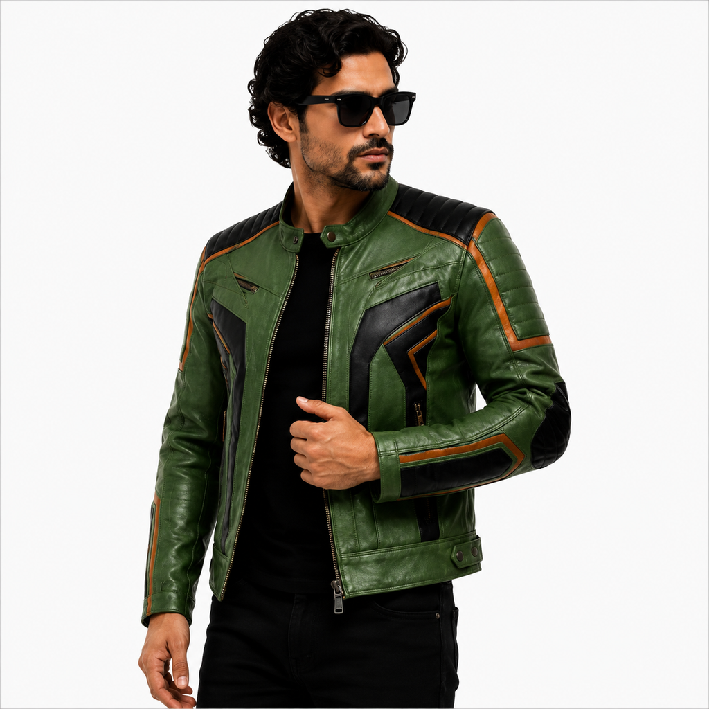 Men's Green & Black Racer Leather Jacket with Quilted Shoulders