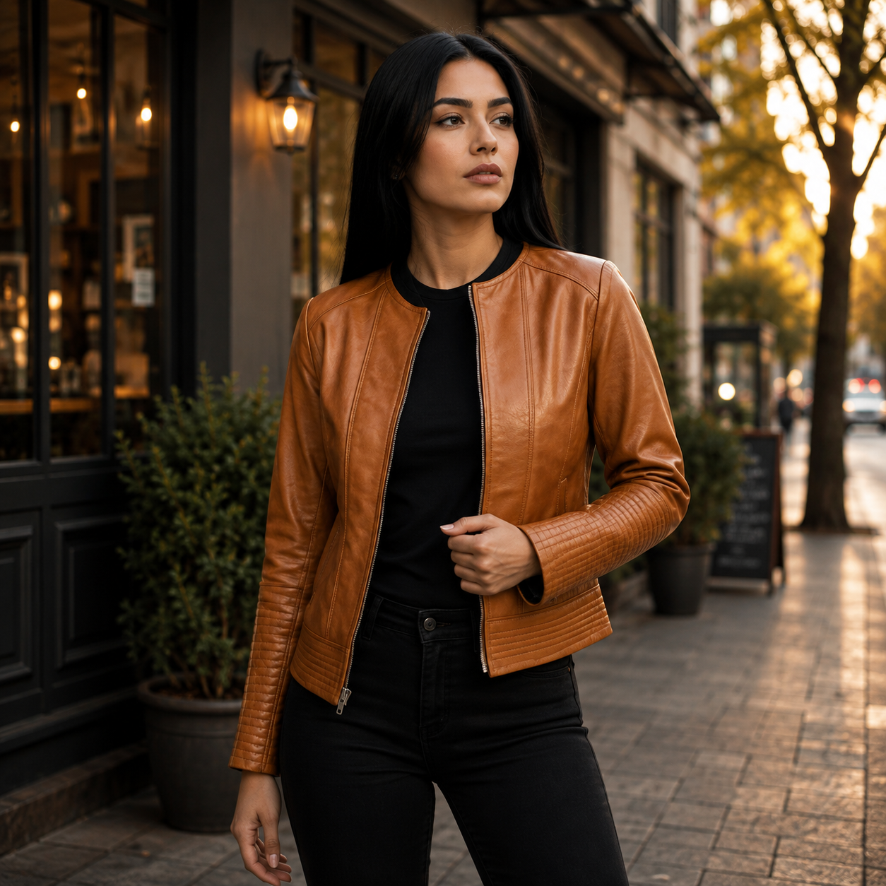 Sleeky Clean Tan Leather Biker Jacket