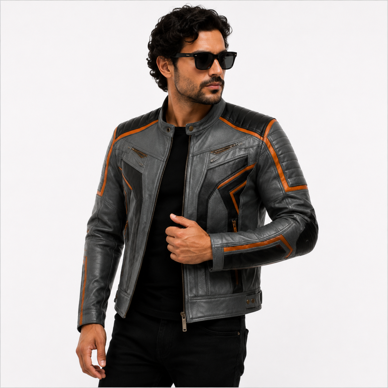 Men's Distressed Grey Cafe Racer Leather Biker Jacket
