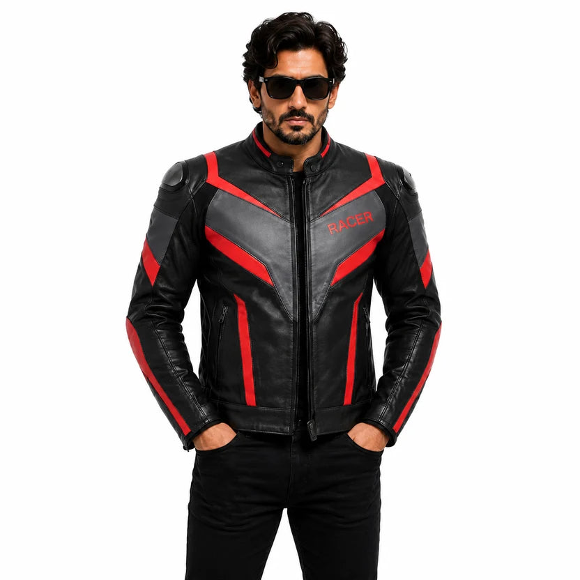Men's Black Red Racer Leather Jacket