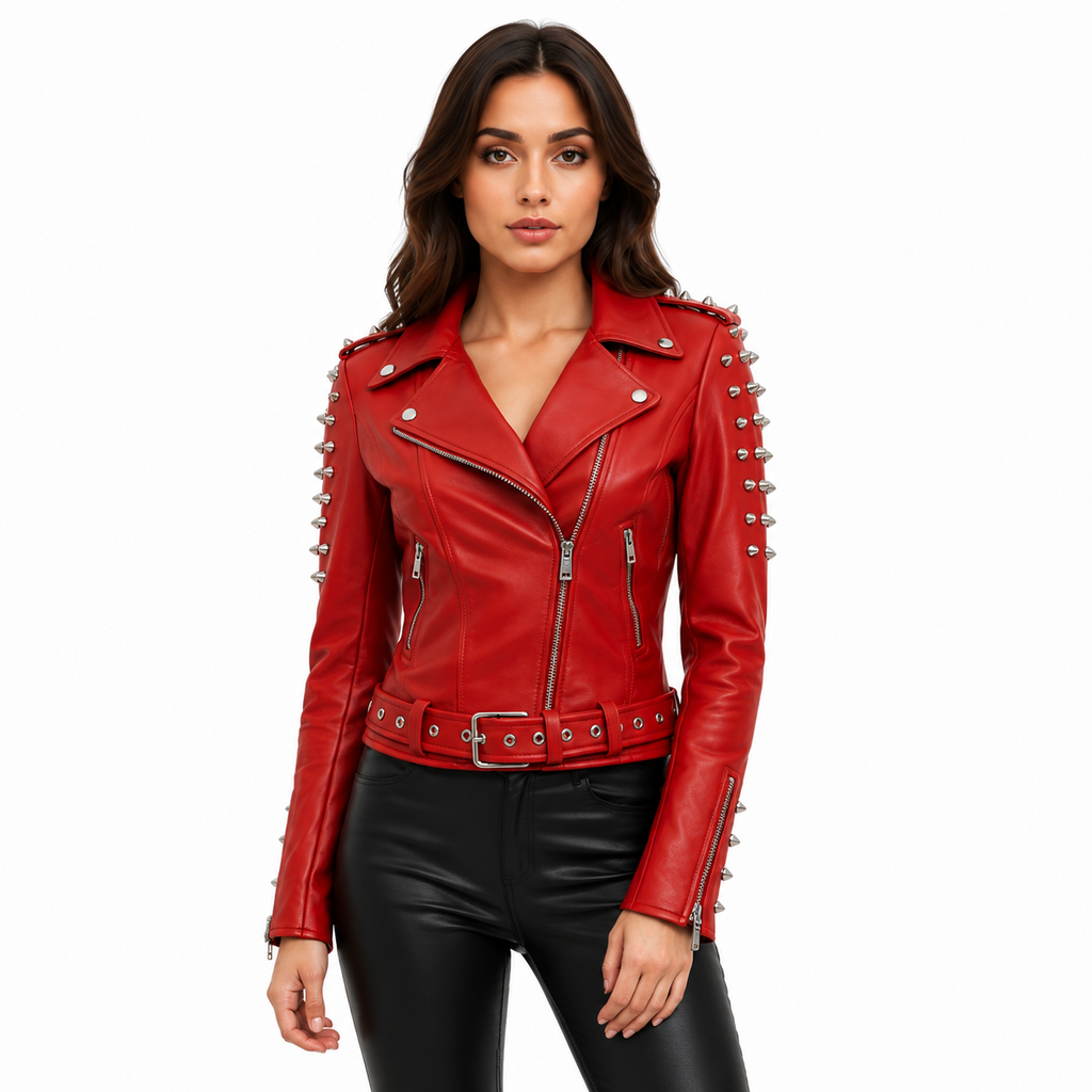 Women's Bright Red Studded Genuine Leather Moto Biker Jacket 