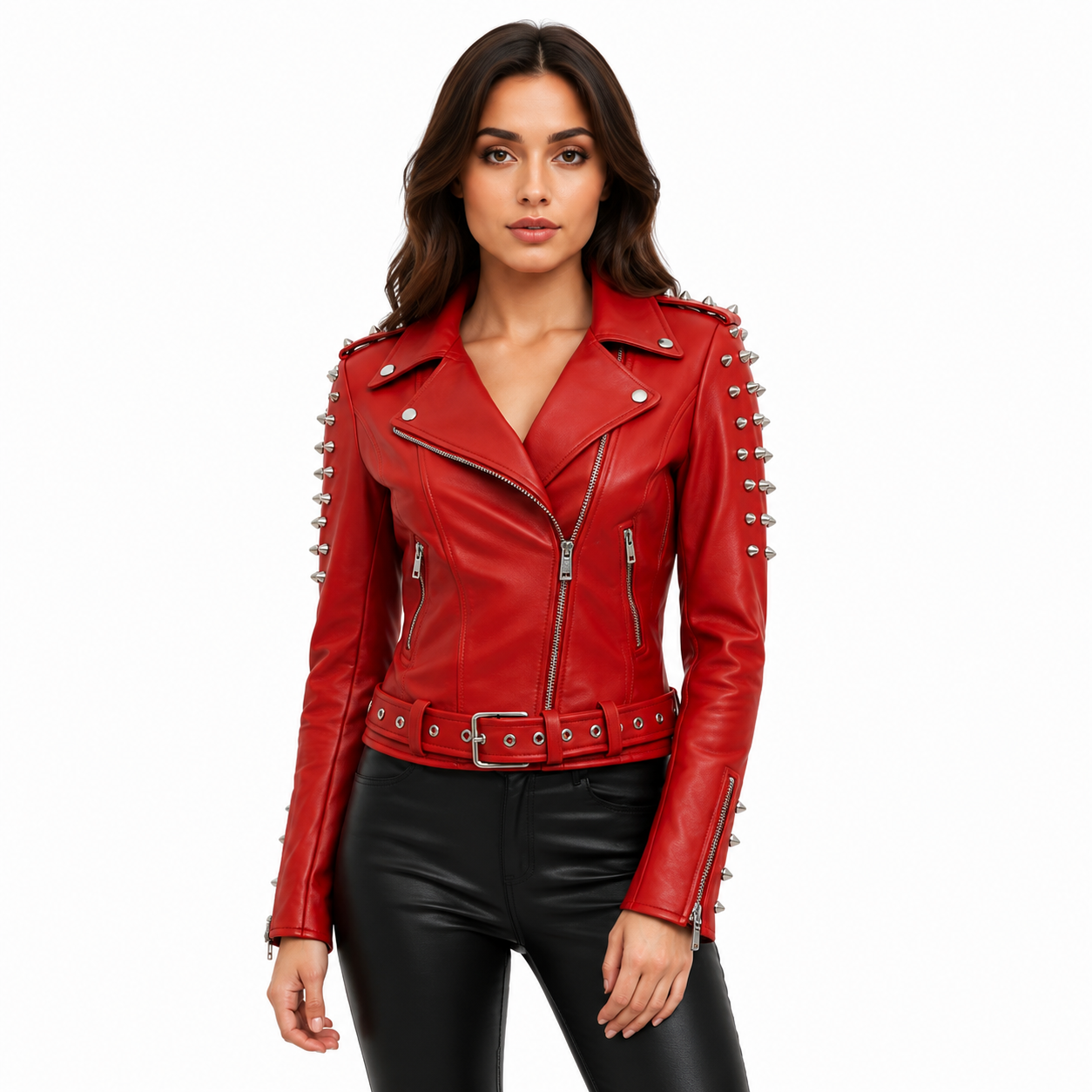 Women's Bright Red Studded Genuine Leather Moto Biker Jacket 