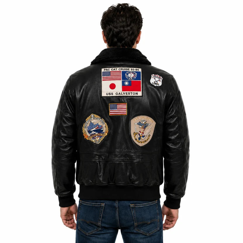 Black Leather Pilot Jacket with Military Patches
